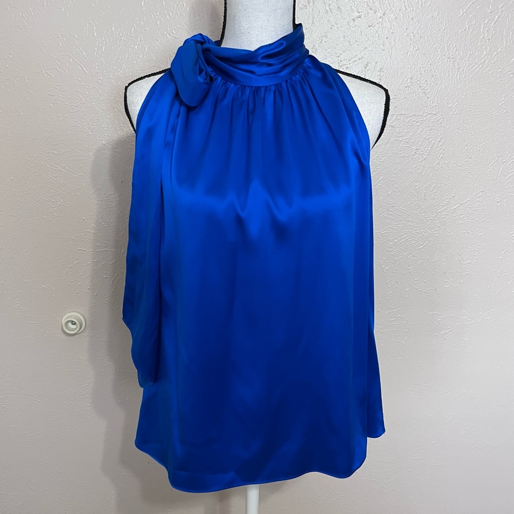 St John Royal Blue Silk Satin Neck Tie Sleeveless Blouse